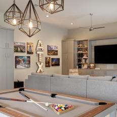 Neutral Transitional Family Room With Pool Table