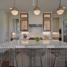 White Transitional Kitchen With Metal Mesh Barstools