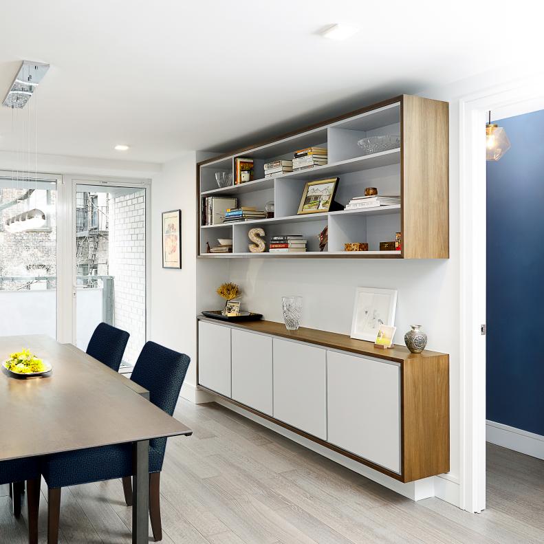 White Contemporary Dining Room With Buffet, Shelves