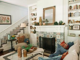 Living Room With Patterned Tile Fireplace