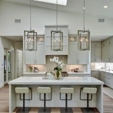 White Open Plan Transitional Kitchen With High Ceilings