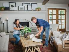 As seen on FIxer Upper, Chip and Joanna Gaines staging the Barker's newly remodeled living room. (Behind-the-scenes)
