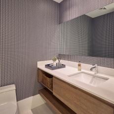 Gray Modern Powder Room With Graphic Wallpaper
