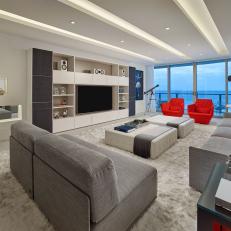 Neutral Modern Living Room With Red Chairs
