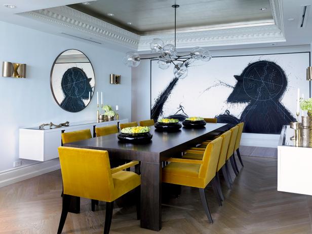 White Contemporary Dining Room With Yellow Chairs