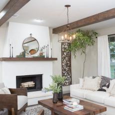 Rustic White Living Room with Wood Beams