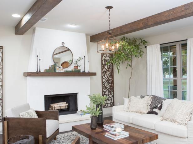 Rustic White Living Room With Wood Beams Hgtv