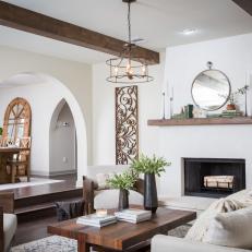 Brown and White Rustic Living Room with Arched Opening 