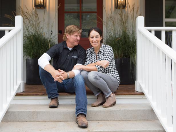 As seen on FIxer Upper, Chip and Joanna Gaines ion the front porch of the Matsumoto's home. (Portrait)