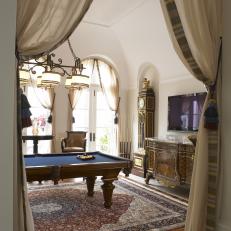 Elegant Game Room With Pool Table and Drapes