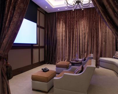 Neutral Home Theater With Velvet Drapes Hgtv