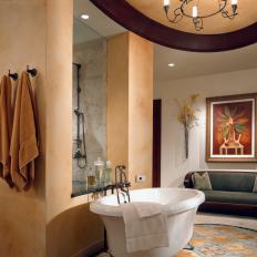 Warm Neutral Master Bathroom with Pops of Color