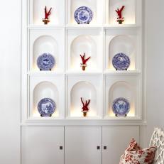 White Recessed Wall Cabinet With Blue Plates 