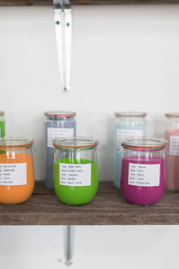 Leftover Paint in Labeled Glass Jars on Shelf