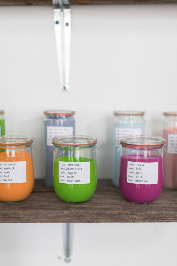 Leftover Paint in Labeled Glass Jars on Shelf