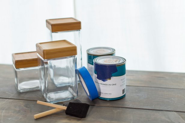 Glass Canisters, Paint, Brush and Painter's Tape