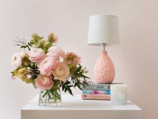 For a view you won’t mind waking up to every morning, combine the most frilly blush ranunculus, spring hellabores and jasmine vine against a wall painted Pink Bliss 2093-70, Benjamin Moore Aura Interior, Matte for a one-of-a-kind look.