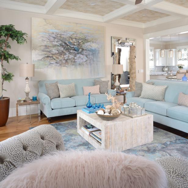 Coastal Living Room With Baby Blue Sofas HGTV