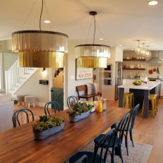 Contemporary Neutral Dining Room with Gold Chandeliers 