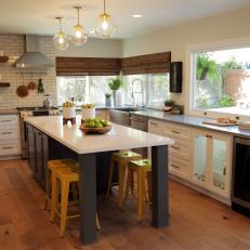 Contemporary Neutral Kitchen with Yellow Barstools