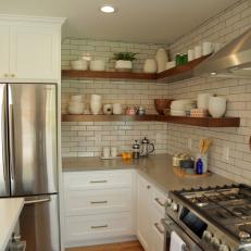 Contemporary White Kitchen with Subway Tile Backsplash