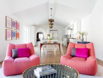 Small Family Room with Pink, Oversized Swivel Chairs
