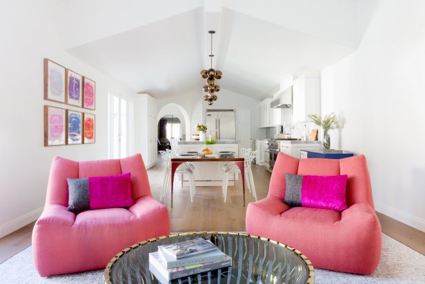 Small Family Room with Pink, Oversized Swivel Chairs