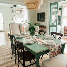 Green and White Cottage Dining Room with Beadboard Walls  