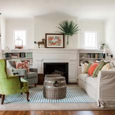 White Cottage Living Room with Fireplace 
