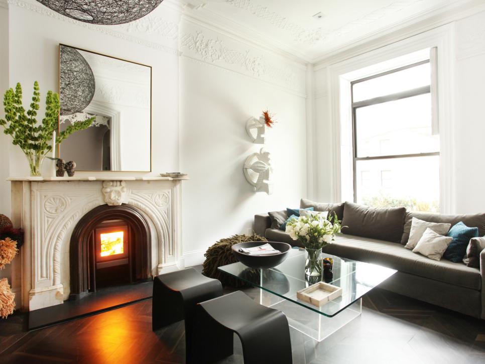 black and white living room with fireplace