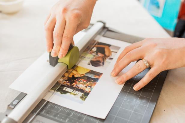 Print photos to be 4 ½ inch square, a bit larger than the matte opening. Trim excess paper from images as necessary