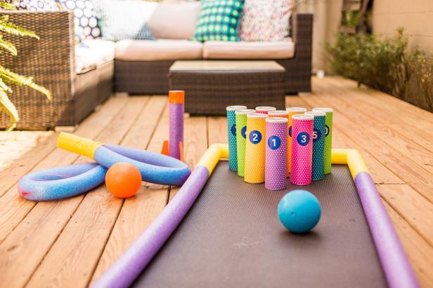 This kid-size DIY bowling alley is colorful, portable and super easy to make!