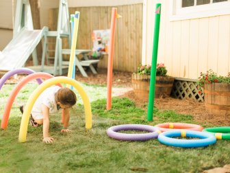 Get bendy with noodles to create a custom course that gets kids moving and giggling! Just stake pencils or dowels into the ground and slide the noodle over them in various ways to create all types of fun obstacles! 
