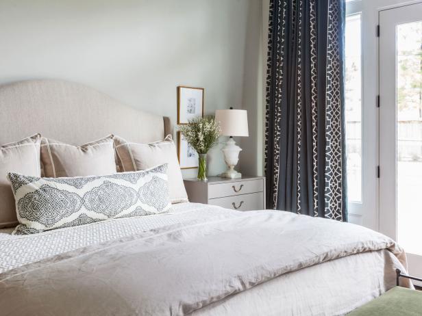 Neutral Bedroom with Black Curtains 