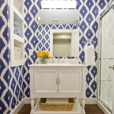 Small Blue-and-White Bathroom With Bold Wallpaper