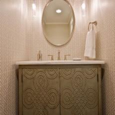 Gray-and-Silver Powder Room With Nailhead-Trim Vanity