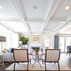 White Transitional Living Room With Coffered Ceiling