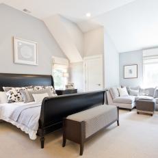 Transitional Gray Master Bedroom With Recessed Seating Area