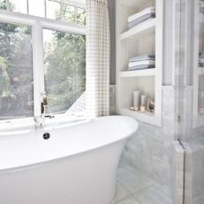 Gray Marble Master Bath With Built-In Storage Niche