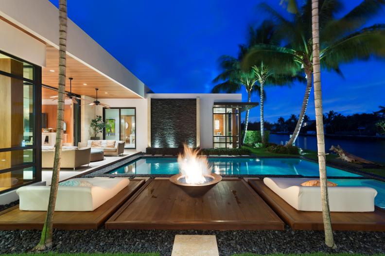 Fire Pit and Infinity Edge Pool Outside Modern Home