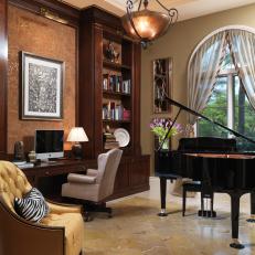 Spacious Home Office With Floor-to-Ceiling Built-In Desk and Grand Piano