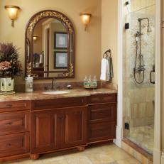 Spacious Master Bathroom With Glass Enclosed Shower and Neutral Tile