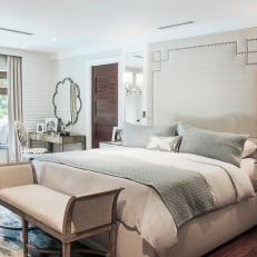 Transitional Master Bedroom With Neutral Upholstered Bed and Headboard 