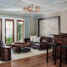 Transitional Bar With Comfortable Sitting Area and Grasscloth Wallpaper