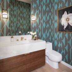 Eclectic Powder Room With Blue and Gray Geometric Wallpaper