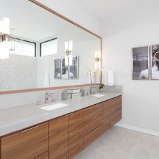 Light and Bright Master Bathroom With Black and White Photograph