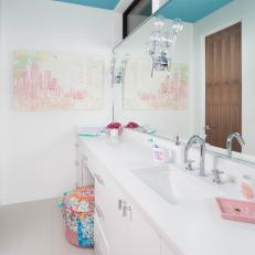 Fresh Kids' Bathroom With Bright Blue Ceiling