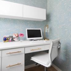Convenient Kitchen Office With Fun Turquoise and White Wallpaper