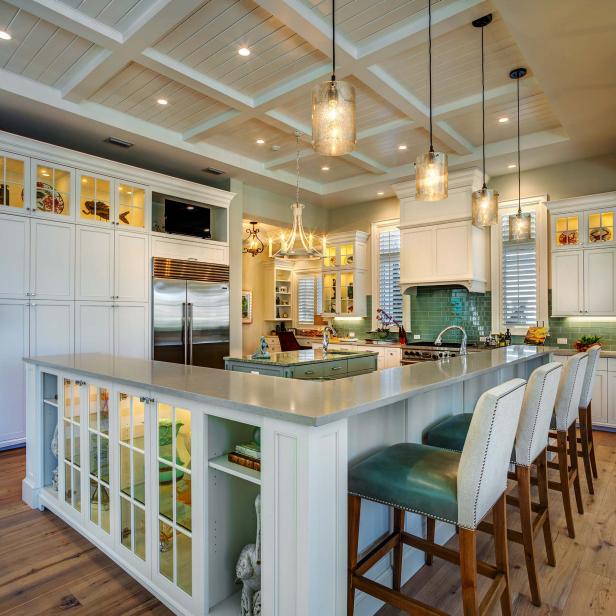 Coastal Kitchen With L-Shaped Breakfast Bar and Teal ...