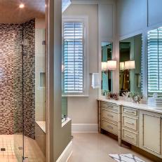 Coastal Single Vanity Bathroom With Brown Mosaic Tile Shower
